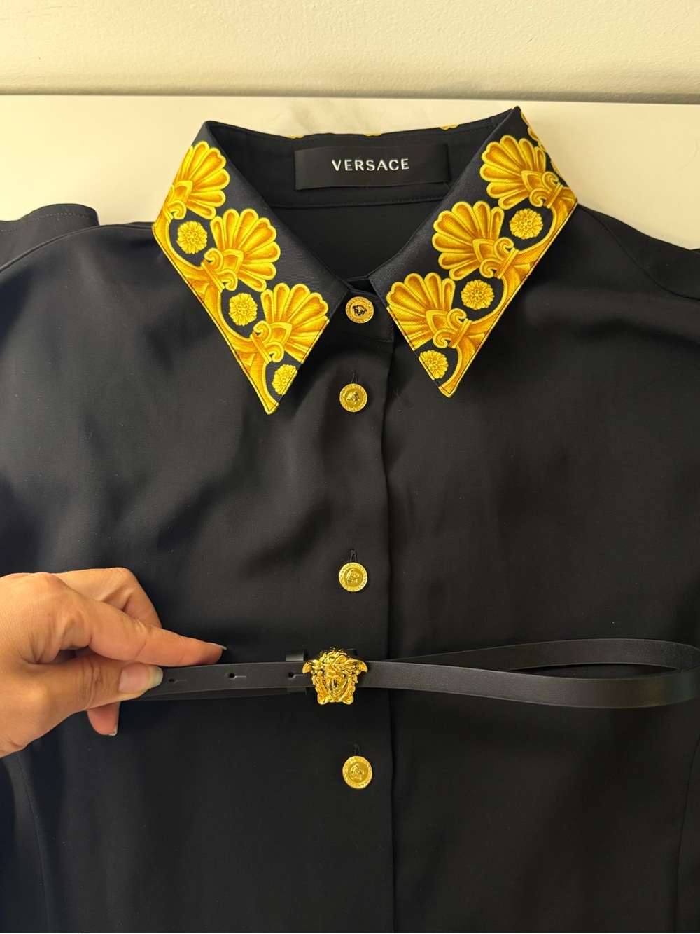 Versace Black & Gold Medusa Barocco Shirt Dress + Medusa Belt | IT 44